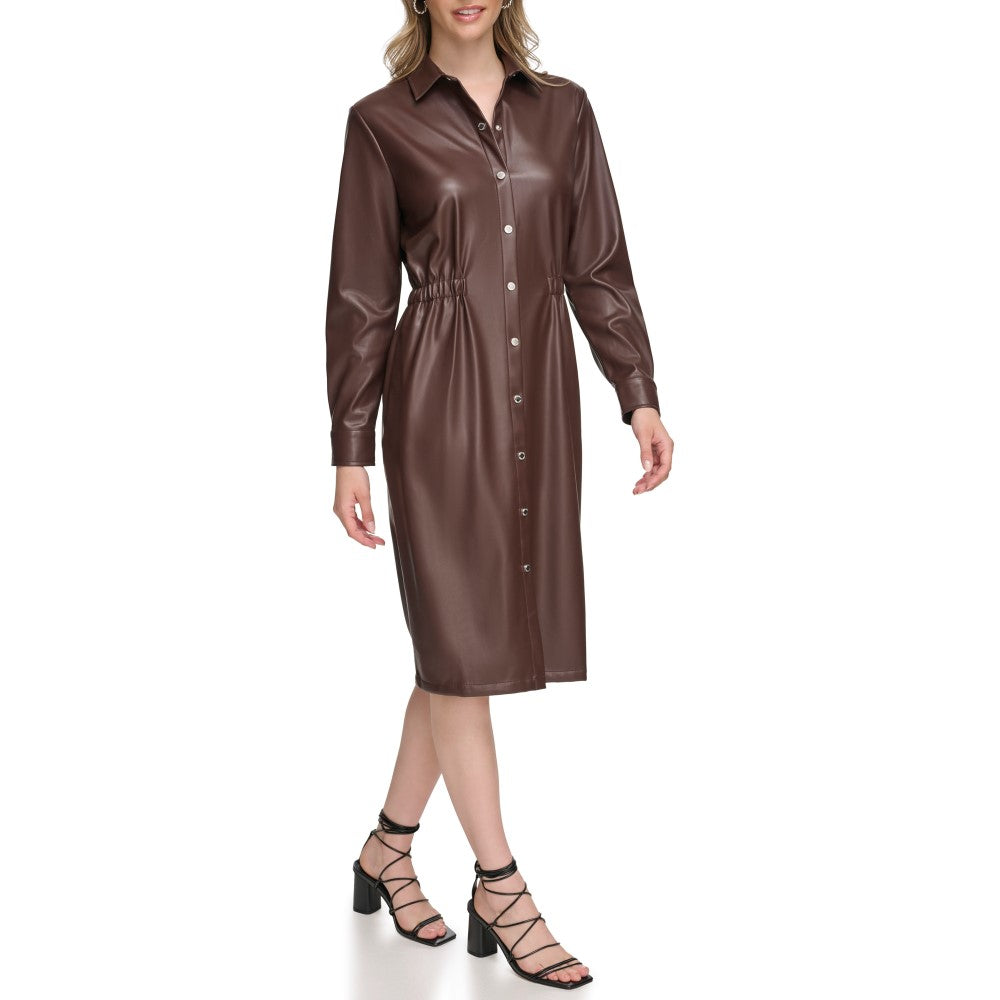 Calvin Klein Womens Faux Leather Long Sleeve Button Dress ShopCGX Calvin Klein Womens Faux Leather Long Sleeve Button Dress ShopCGX