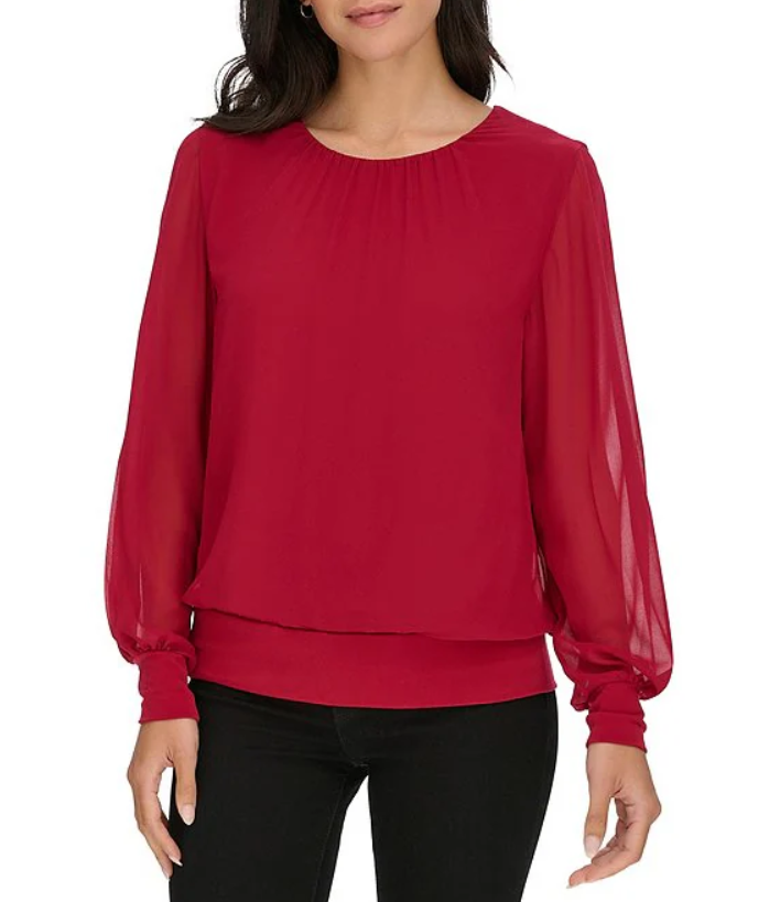 Calvin Klein Womens Chiffon Crew Neck Long Sleeve Top