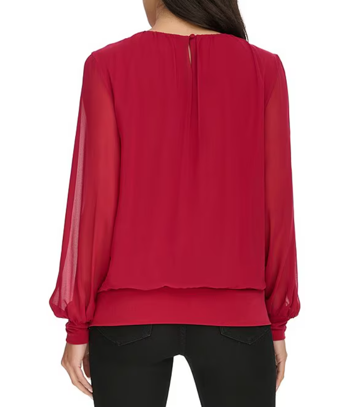 Calvin Klein Womens Chiffon Crew Neck Long Sleeve Top