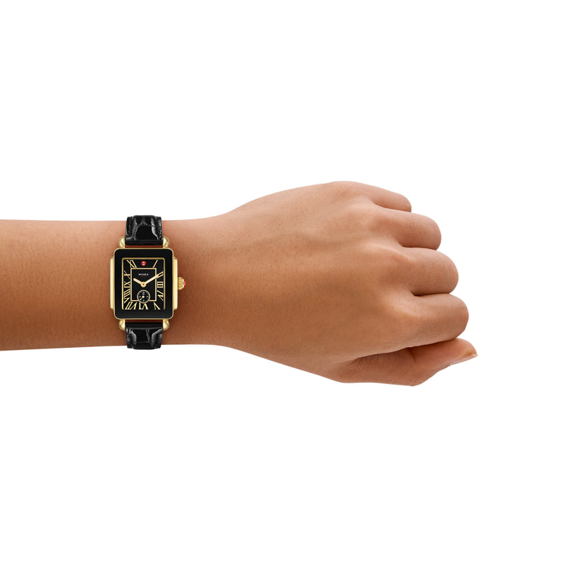 MICHELE Deco Sport Mid Gold-Plated Noir Leather Watch