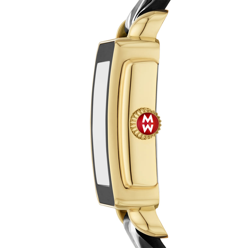 MICHELE Deco Sport Mid Gold-Plated Noir Leather Watch