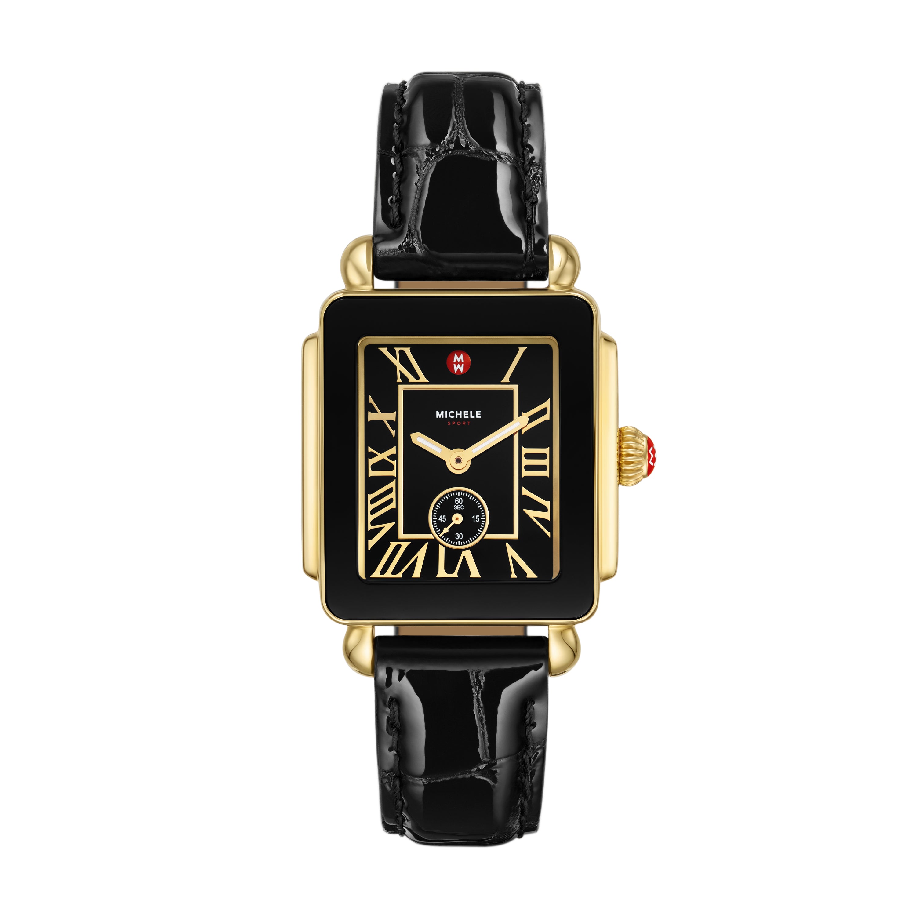 MICHELE Deco Sport Mid Gold-Plated Noir Leather Watch