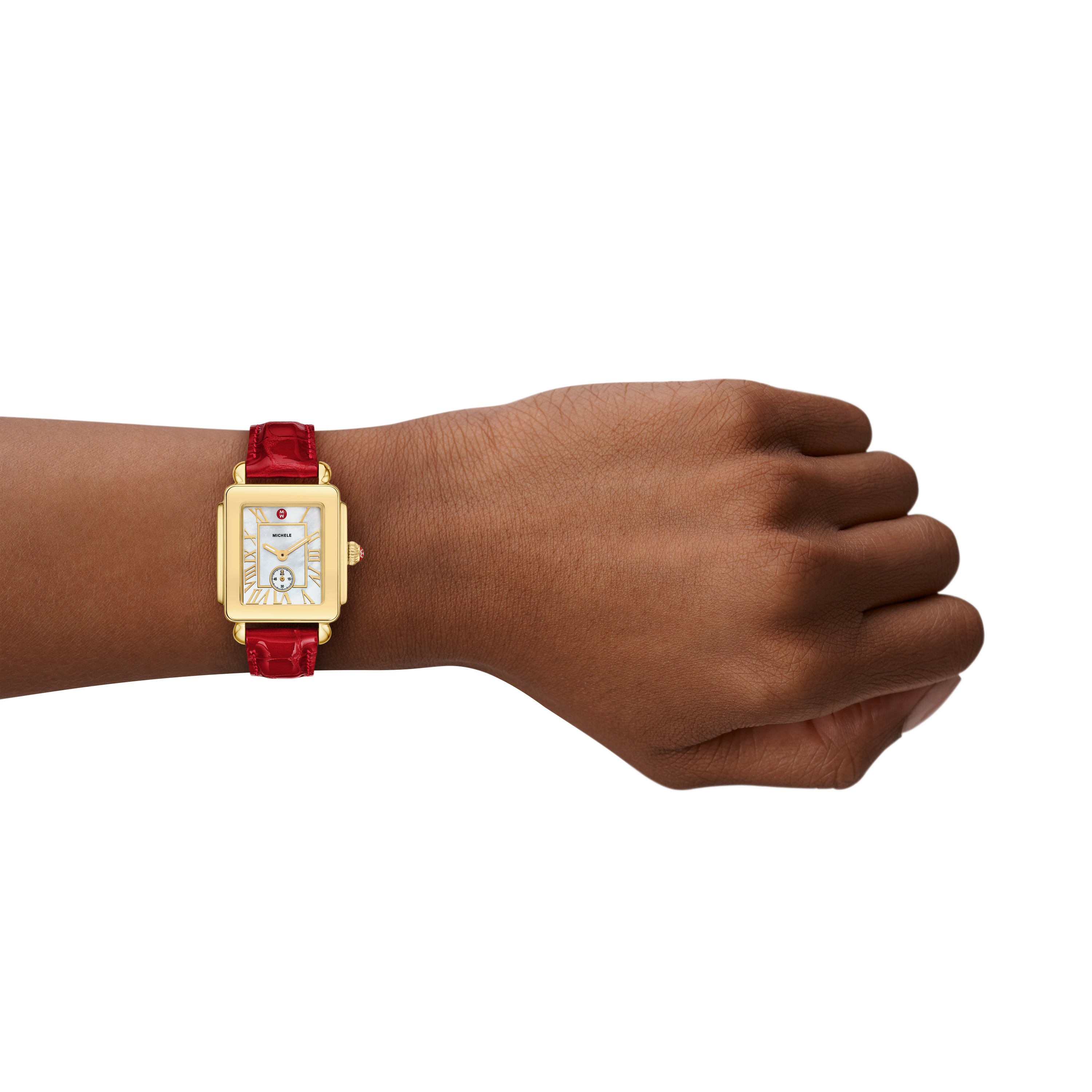 Michele Deco Sport Mid Gold-Plated Ruby Red Leather Watch
