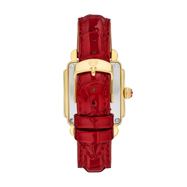 Michele Deco Sport Mid Gold-Plated Ruby Red Leather Watch