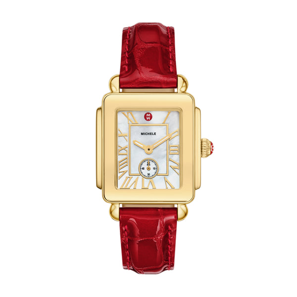 Michele Deco Sport Mid Gold-Plated Ruby Red Leather Watch