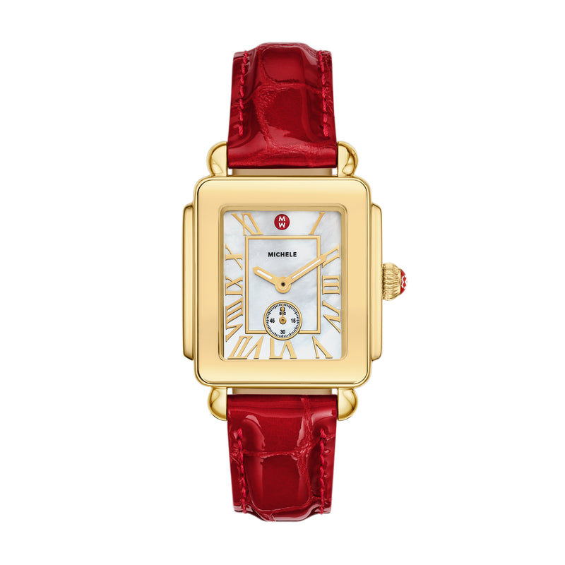 Michele Deco Sport Mid Gold-Plated Ruby Red Leather Watch