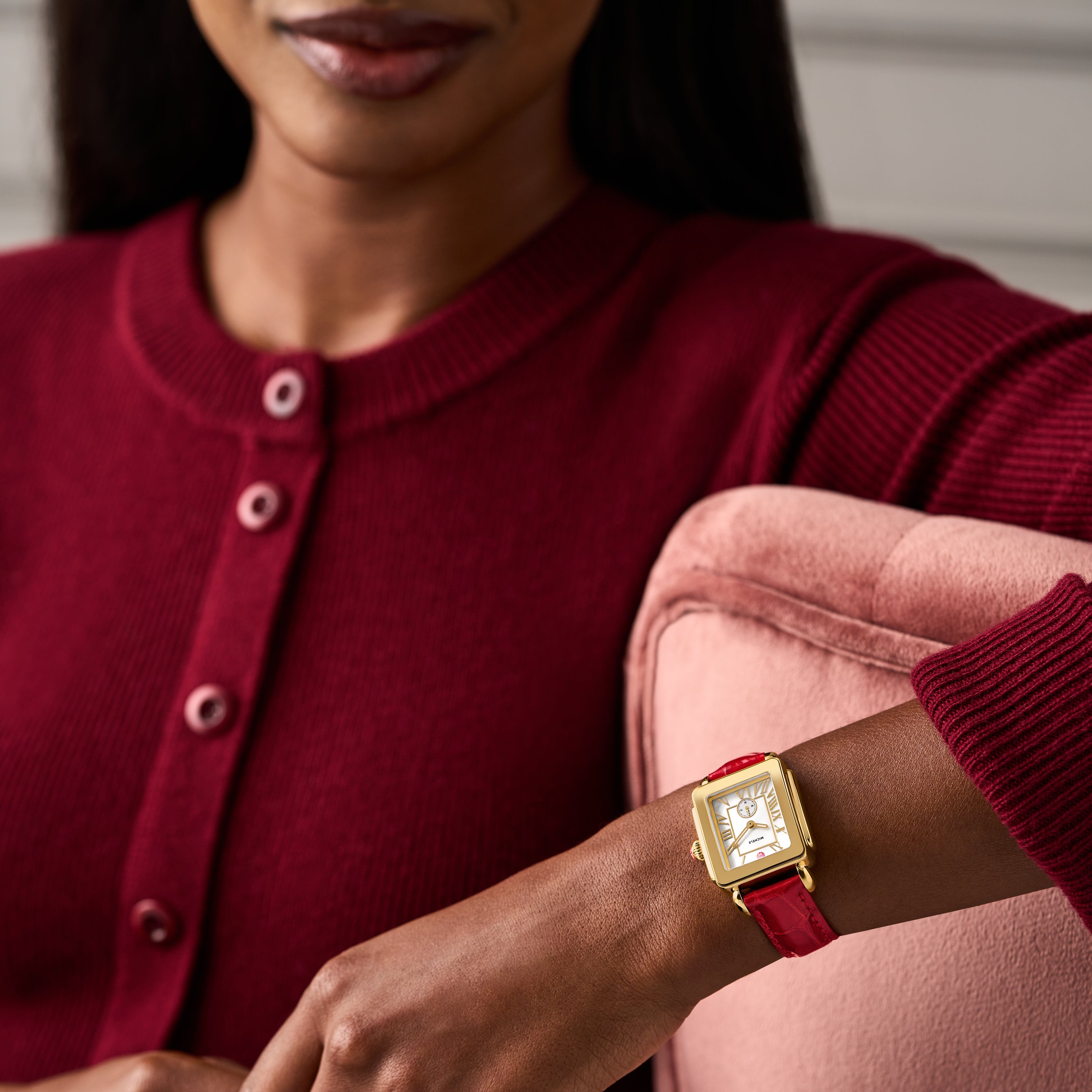 Michele Deco Sport Mid Gold-Plated Ruby Red Leather Watch