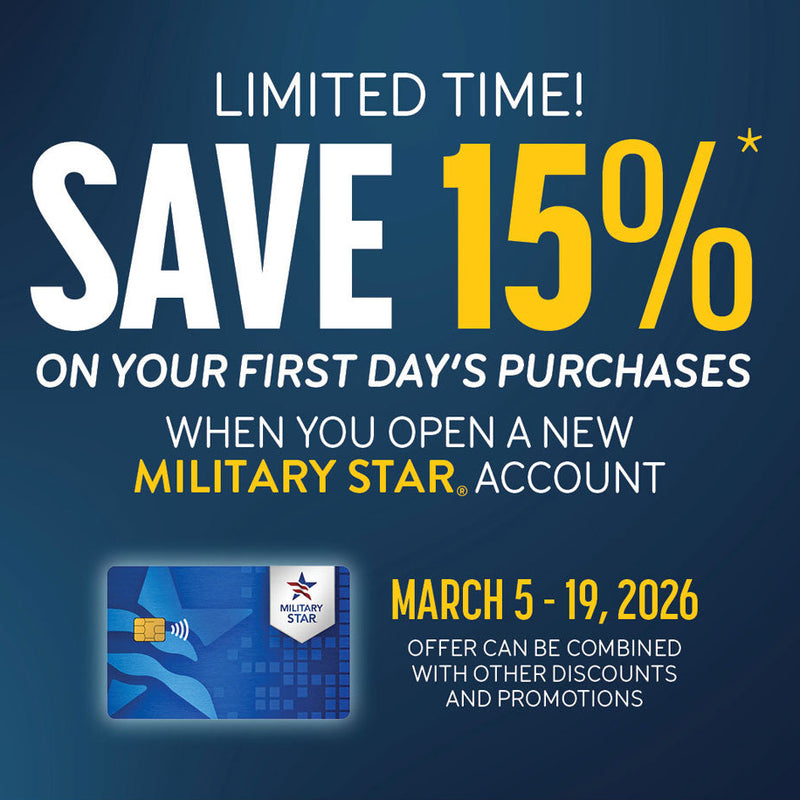 Promotional graphic for a 15% discount on first day's purchases with a new Military Star account, valid from March 5 to 19, 2026.