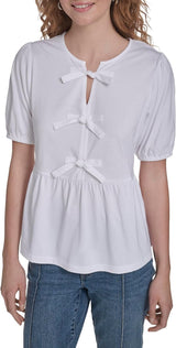 Nautica Womens Solid Bow Peplum Short Sleeve Top