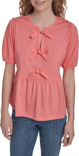 Nautica Womens Solid Bow Peplum Short Sleeve Top