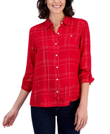 Nautica Womens Dunbar Plaid Roll-Tab Blouse
