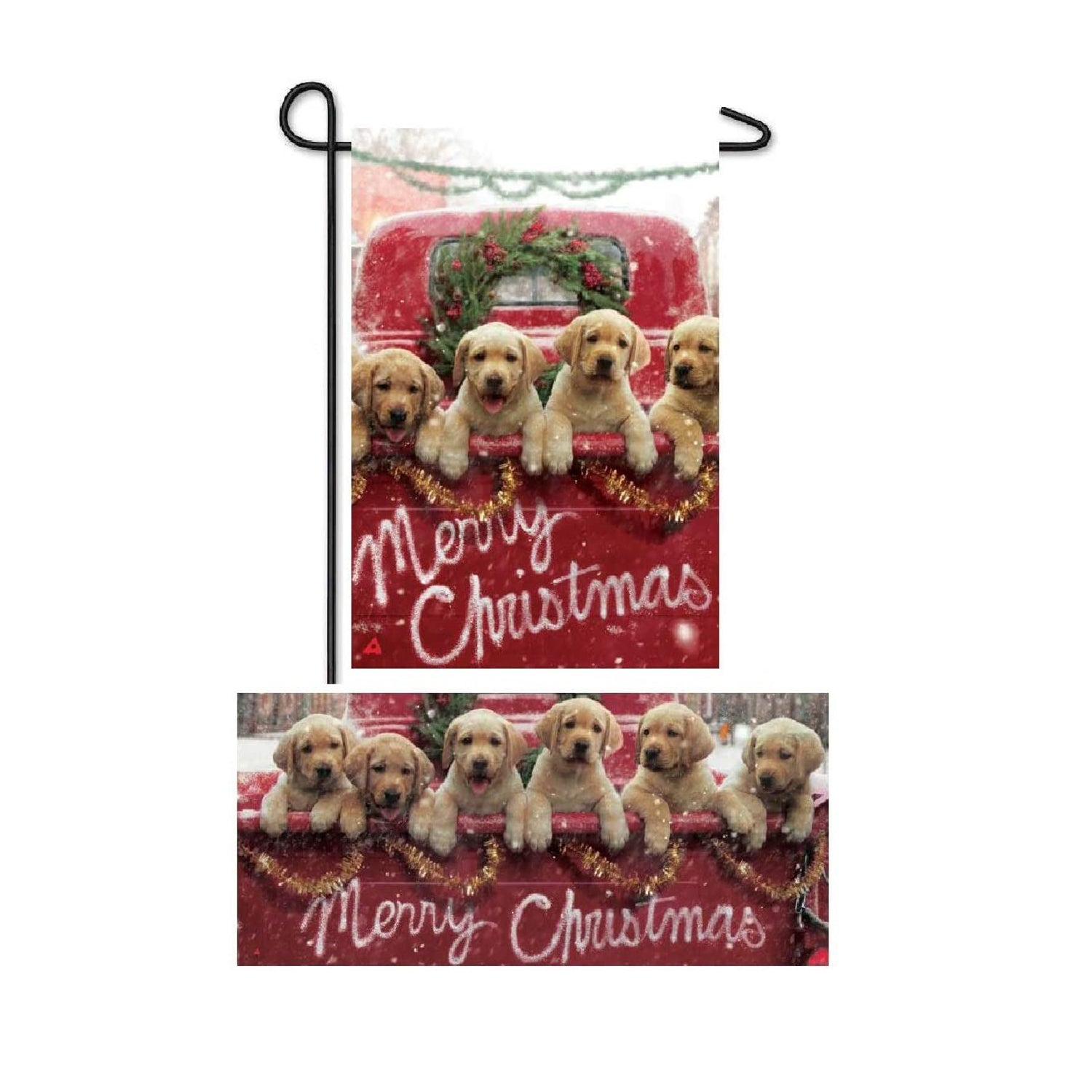 Evergreen Red Truck with Puppies Flag and Mat set