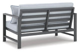 Ashley Furniture Fynnegan Nuvella Outdoor Loveseat with Coffee Table