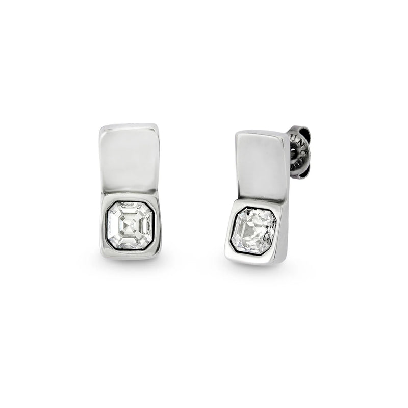 Unode50 White Crystal Rectangle Stud Earrings - Silver Plated