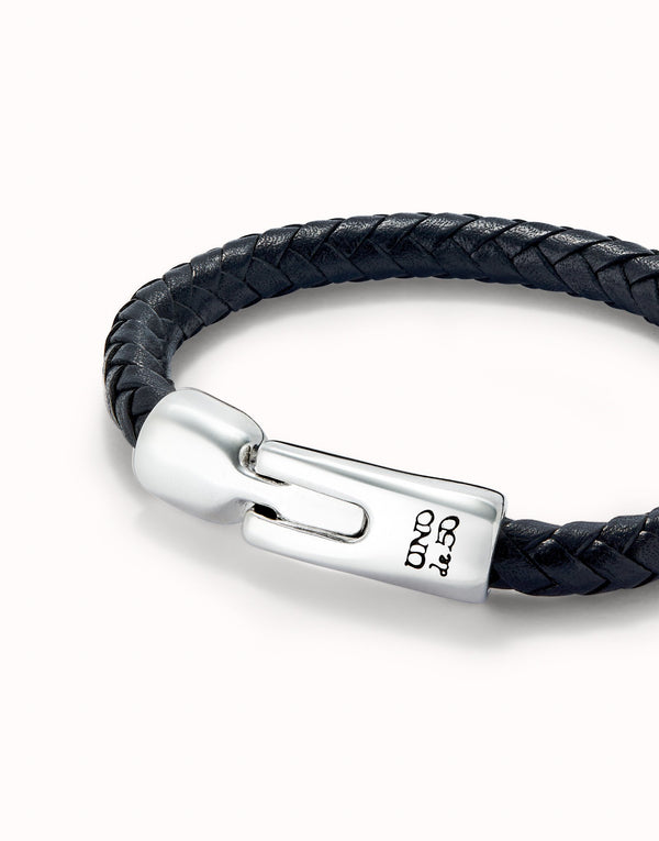 UNOde50 Black Leather Braided Bracelet - Large