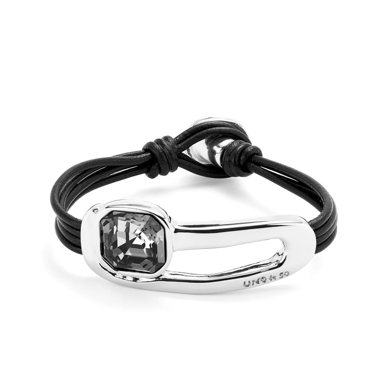 UNOde50 Ser Expresiva Silver-Plated Black Crystal Leather Buckle Bracelet - Large