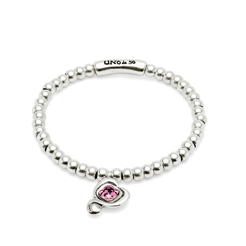 UNOde50 Ser Expresiva Silver-Plated Pink Crystal Heart Elastic Bracelet - Medium