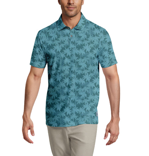PGA Tour Mens All-Over Geo Palm Print Short Sleeve Golf Polo Shirt