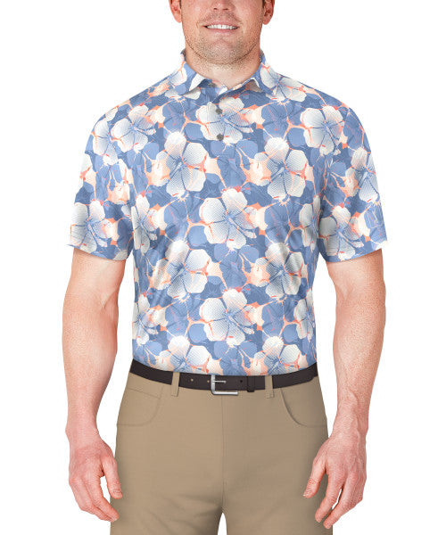 PGA Tour Mens Hibiscus Print Golf Polo Short Sleeve Shirt