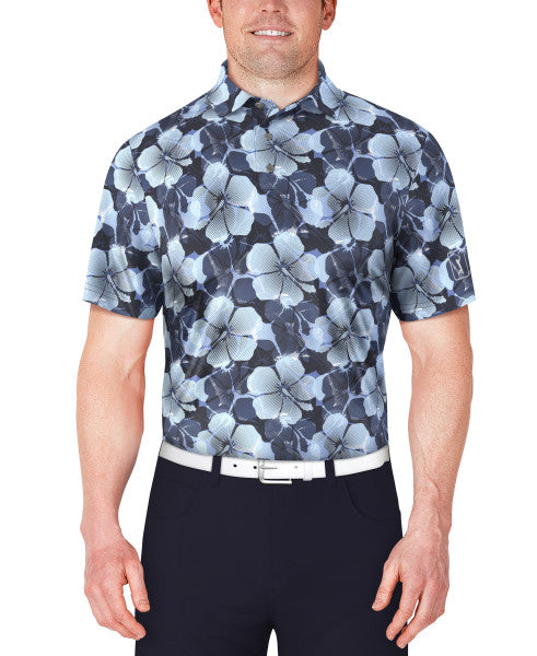 PGA Tour Mens Hibiscus Print Golf Polo Short Sleeve Shirt