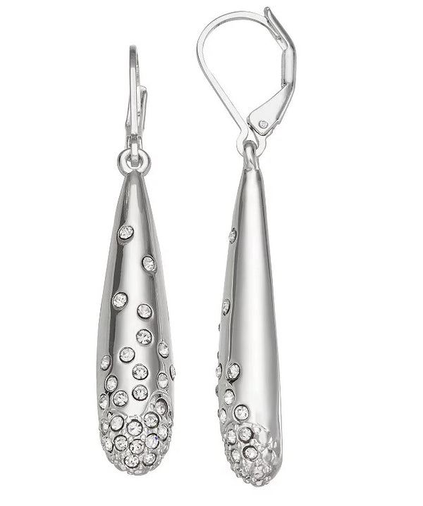 Nine West Silver-Tone Crystal Pavé Drop Lever Back Earrings