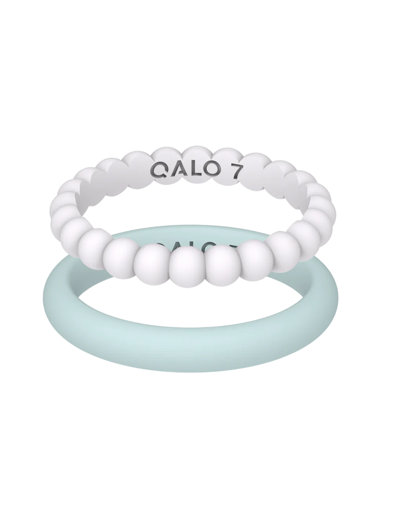 QALO Womens Bead & Classic White & Teal Double Stack Ring - Size 6