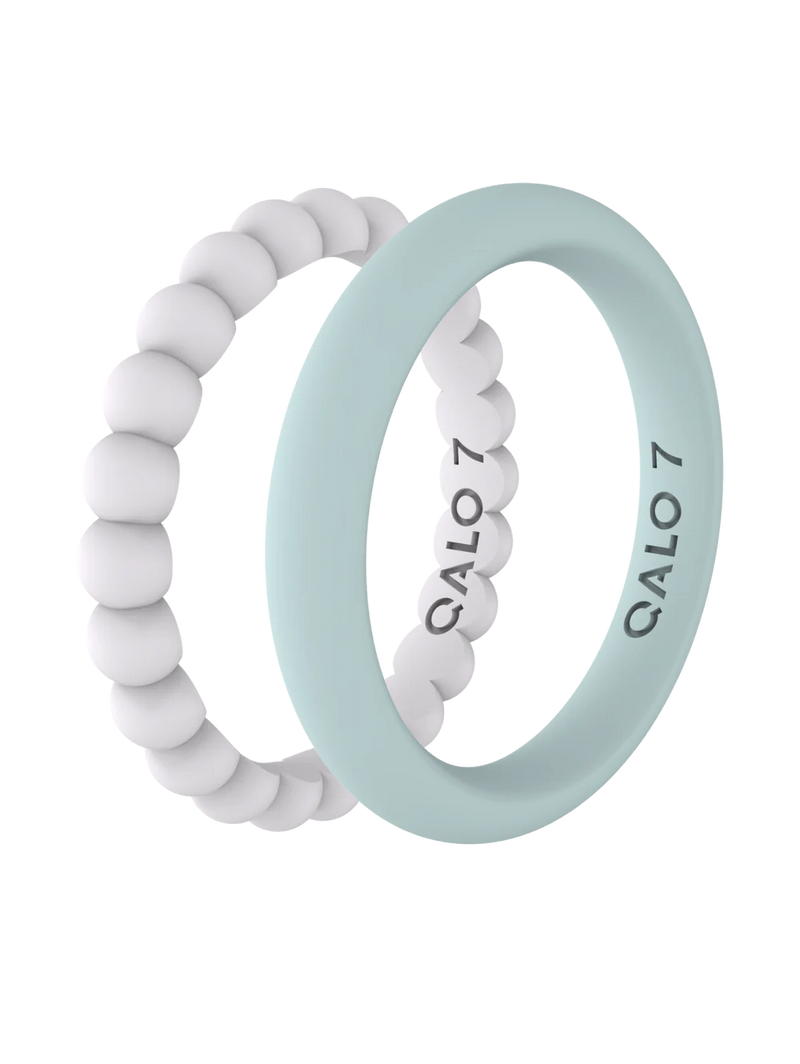 QALO Womens Bead & Classic White & Teal Double Stack Ring - Size 6