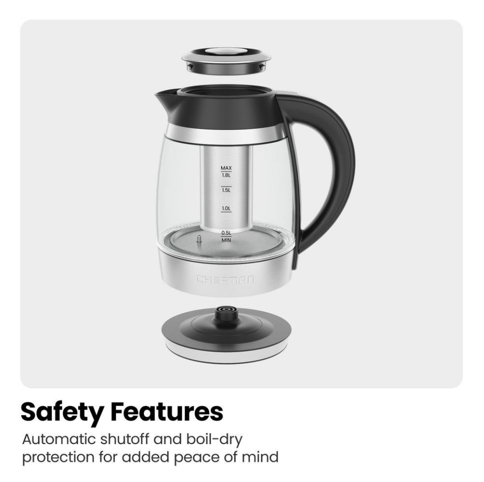 CHEFMAN Stainless Steel Electric Glass Kettle with Tea with Tea Infuser - 1.8 L.