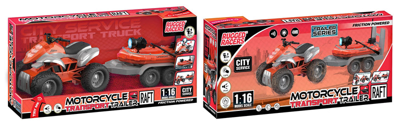 Rugged Racers Motorcycle Transport Trailer With Raft Toy