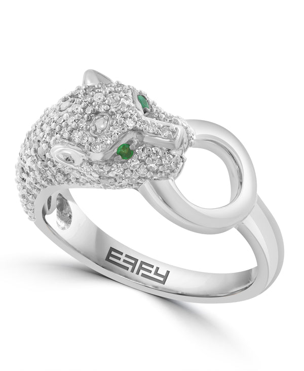Effy 14K White Gold Emerald Panther Ring - Size 7