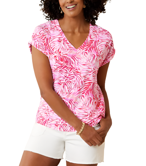 Tommy Bahama Womens Kaui Monstera Printed Mirage V-Neck Short Sleeve T-Shirt