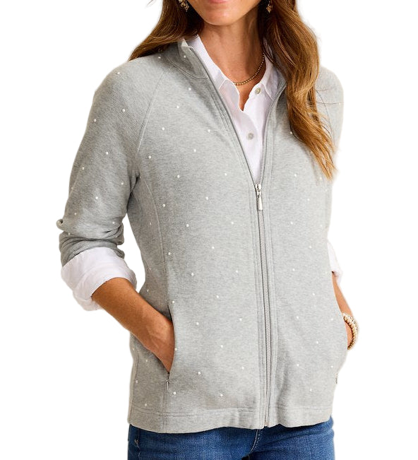 Tommy Bahama Womens Aruba Embellished Pearl Full-Zip Sweatshirt