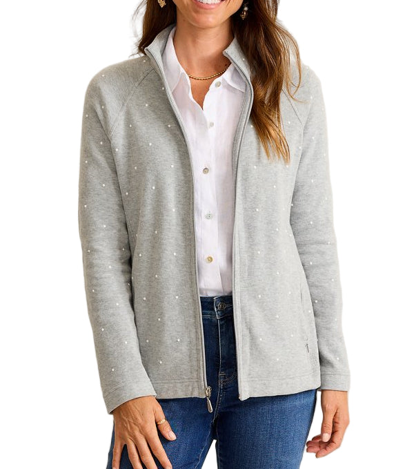 Tommy Bahama Womens Aruba Embellished Pearl Full-Zip Sweatshirt