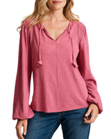 Tommy Bahama Womens Mixed Media Ruched Trim Long Sleeve Top