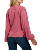 Tommy Bahama Womens Mixed Media Ruched Trim Long Sleeve Top