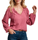 Tommy Bahama Womens Mixed Media Ruched Trim Long Sleeve Top