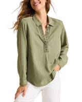 Tommy Bahama Womens Sun-Washed Linen-Blend Embroidered Top