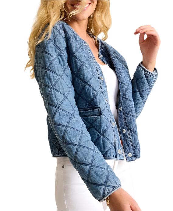 Tommy Bahama Womens Quilted Cropped Denim Jacket