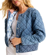 Tommy Bahama Womens Quilted Cropped Denim Jacket