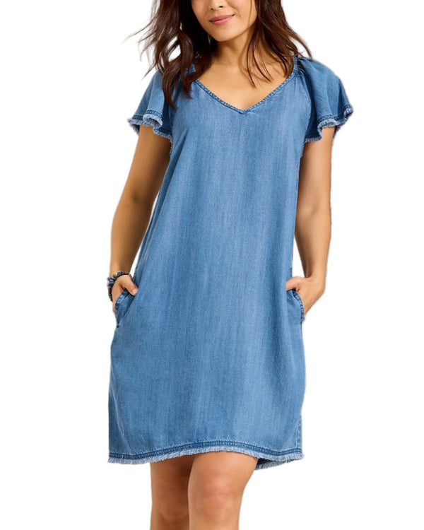 Tommy Bahama Womens Chambray O'Lei Linen-Blend Flutter-Sleeve Shift Dress