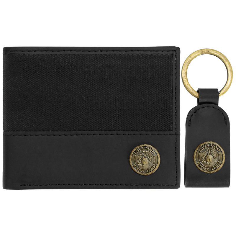 Licensed U.S. Marine Mens Wax Canvas Bifold Wallet with Keychain Gift Set