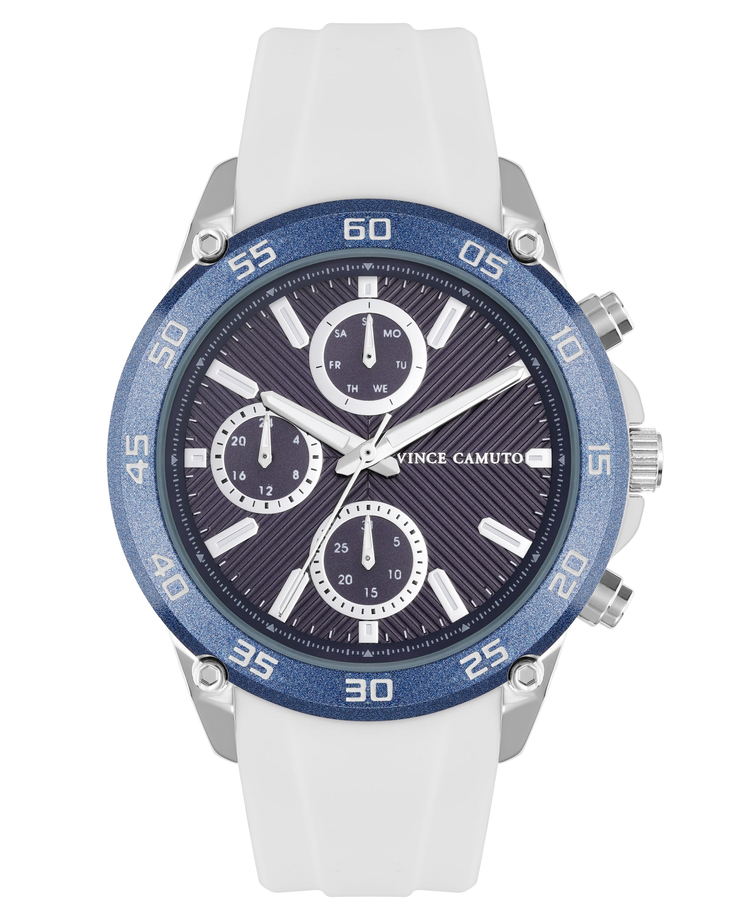 Vince Camuto Mens Blue Dial Multi-Function White Silicone Strap Watch