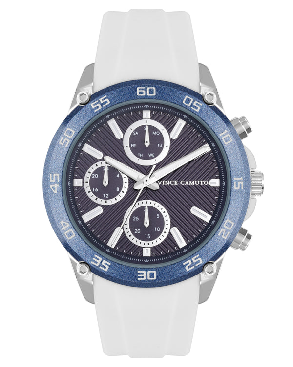 Vince Camuto Mens Blue Dial Multi-Function White Silicone Strap Watch