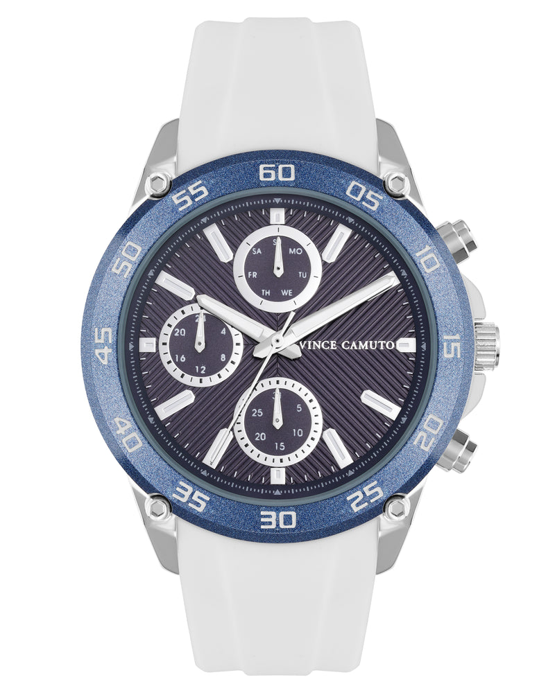 Vince Camuto Mens Blue Dial Multi-Function White Silicone Strap Watch