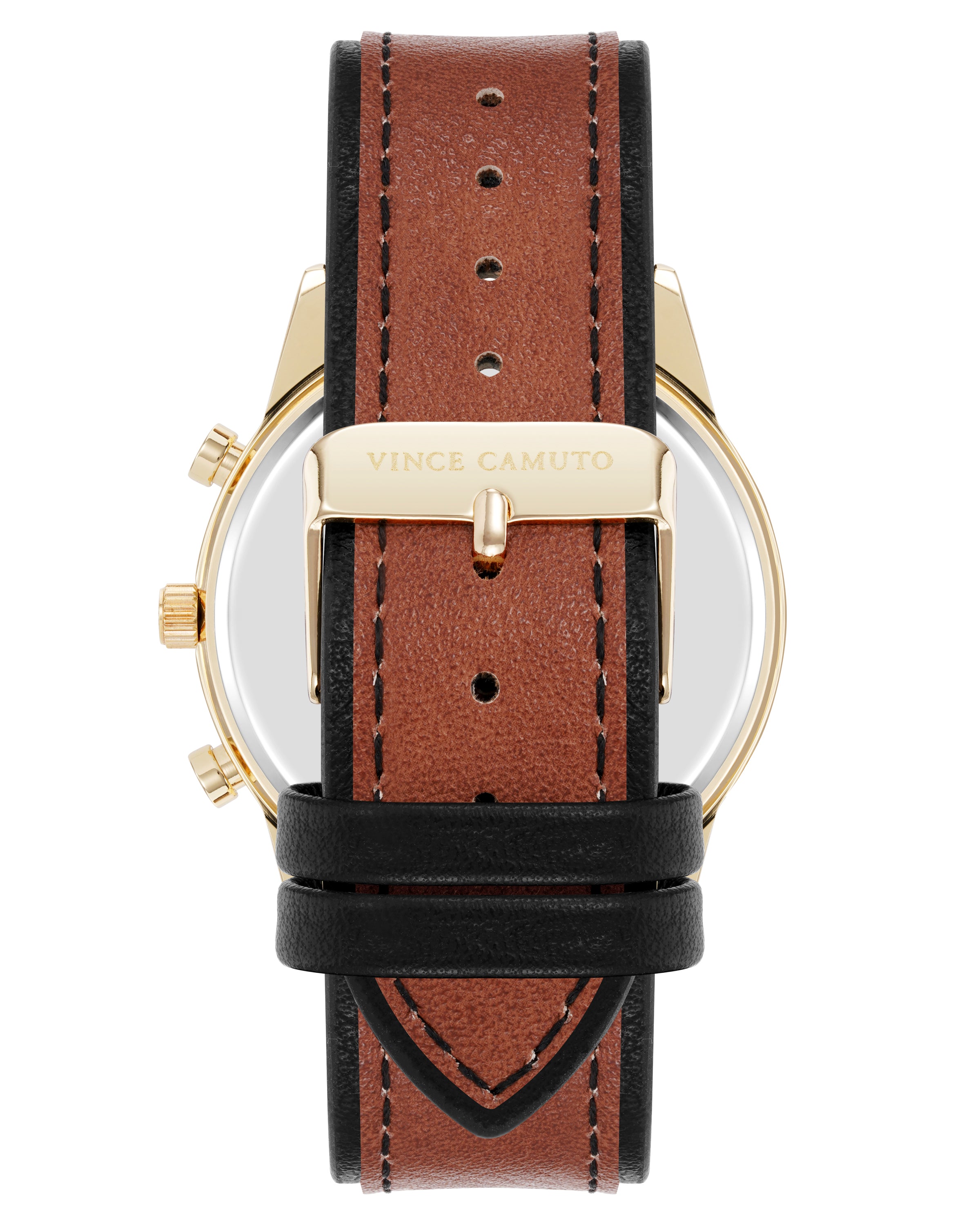 Vince Camuto Mens Gold-Tone Multi-Function Brown Leather Strap Watch