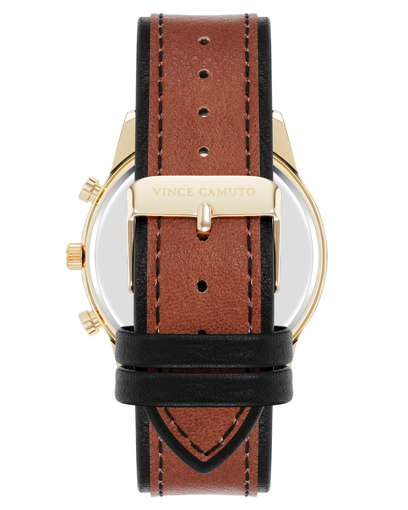 Vince Camuto Mens Gold-Tone Multi-Function Brown Leather Strap Watch