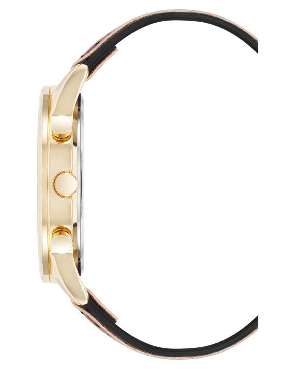 Vince Camuto Mens Gold-Tone Multi-Function Brown Leather Strap Watch