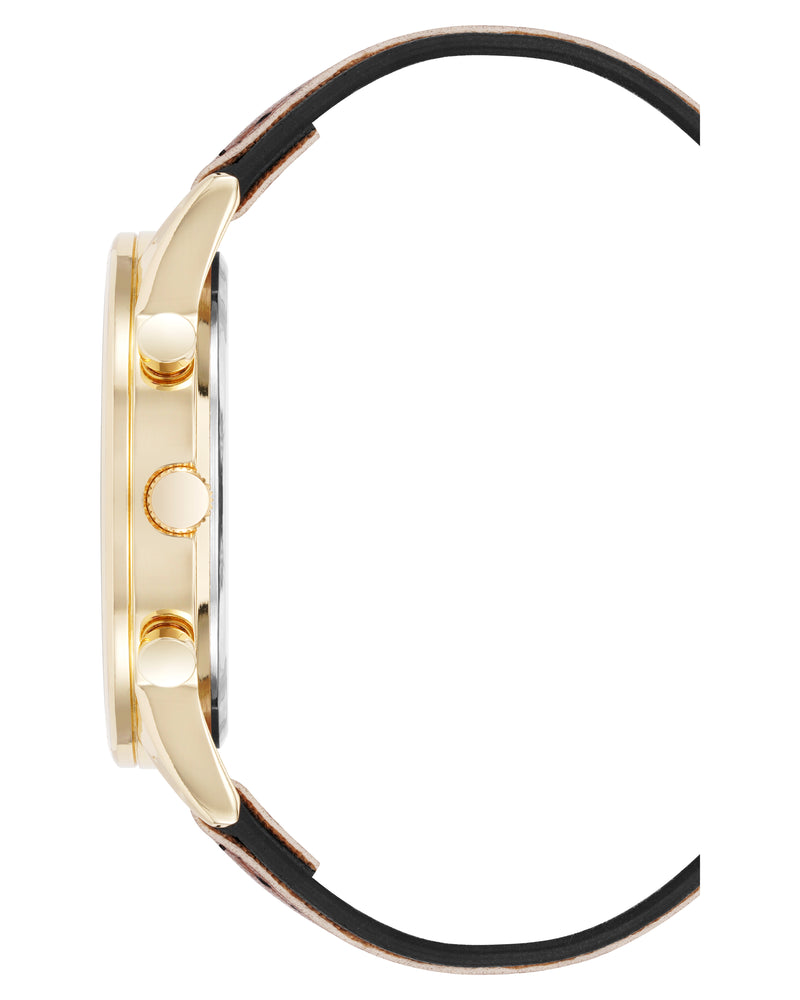 Vince Camuto Mens Gold-Tone Multi-Function Brown Leather Strap Watch