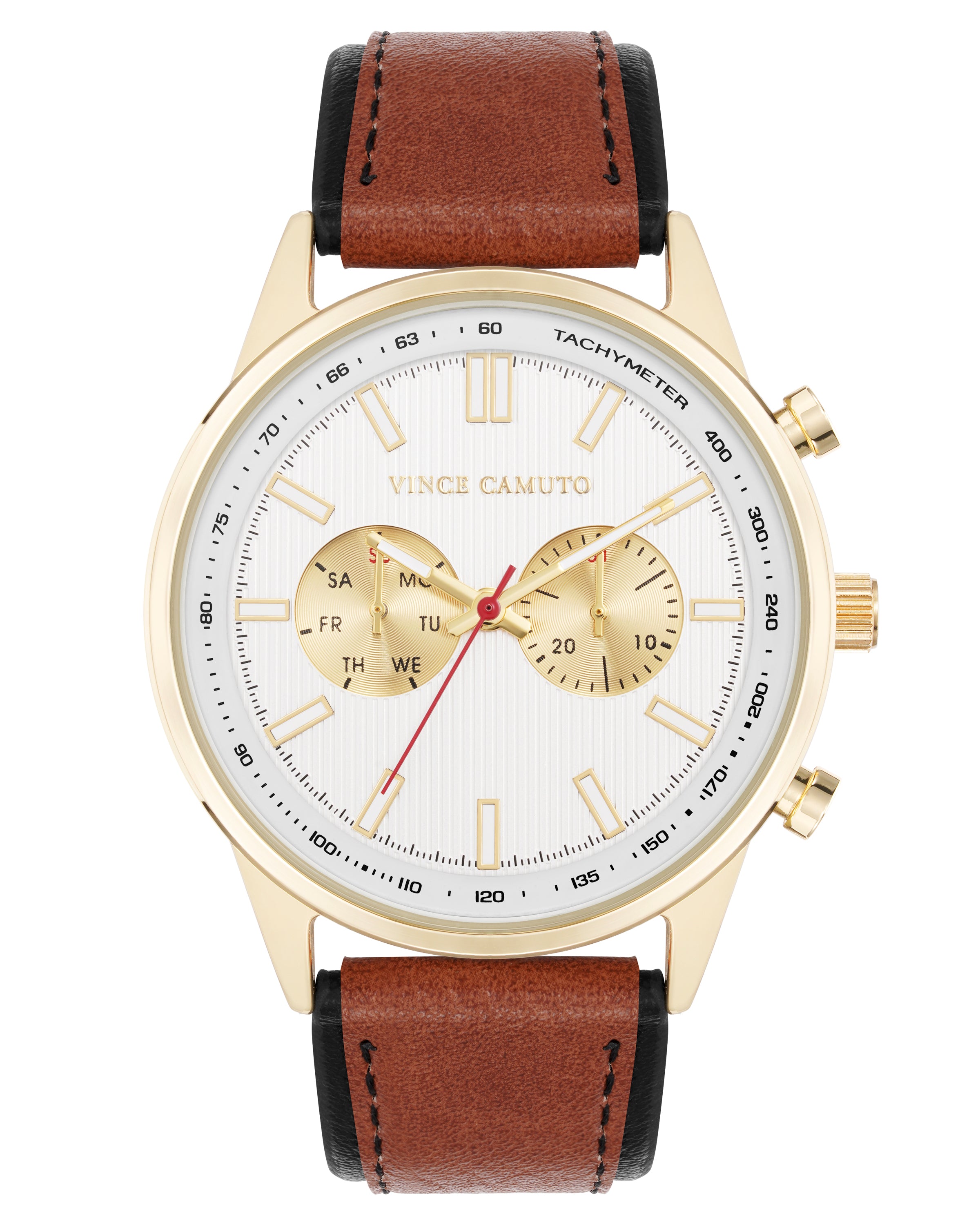 Vince Camuto Mens Gold-Tone Multi-Function Brown Leather Strap Watch