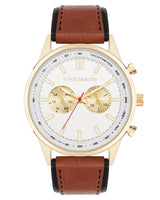 Vince Camuto Mens Gold-Tone Multi-Function Brown Leather Strap Watch